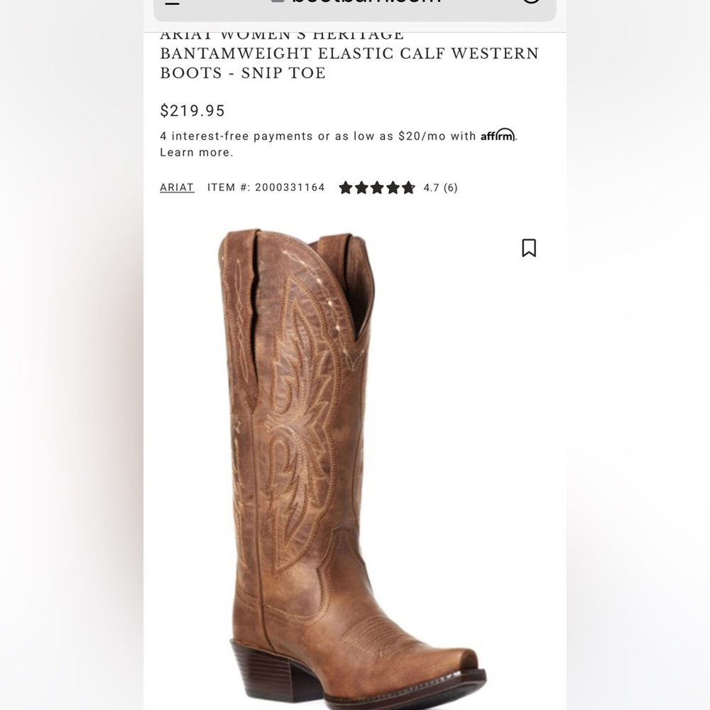 ARIAT WOMEN'S HERITAGE BANTAMWEIGHT ELASTIC CALF WESTERN BOOTS - SNIP TOE